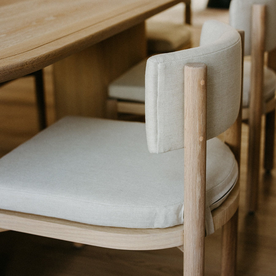 Handmade furniture by Abrego to the trade, white oak and hemp linen sustainable dining chairs